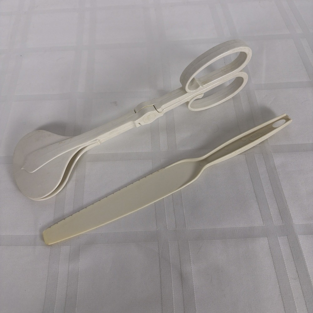 Retro White Kitchen utensils: Dansk salad tongs, Foley cake knife.